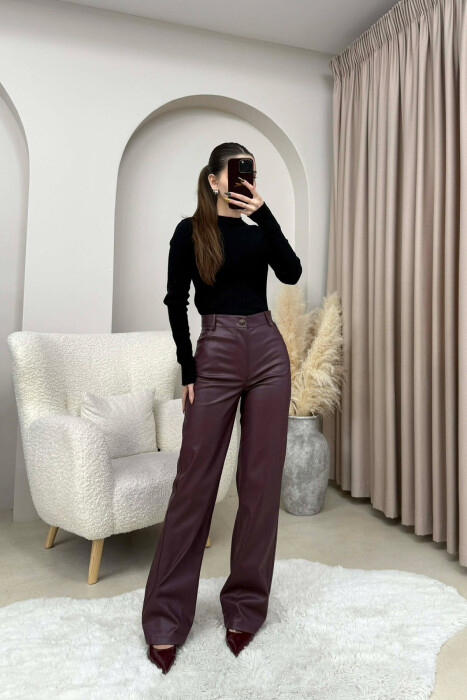 ONE COLOR LEATHER WOMEN TROUSERS DARK BURGUNDY/VISHNJE E ERRET - 2