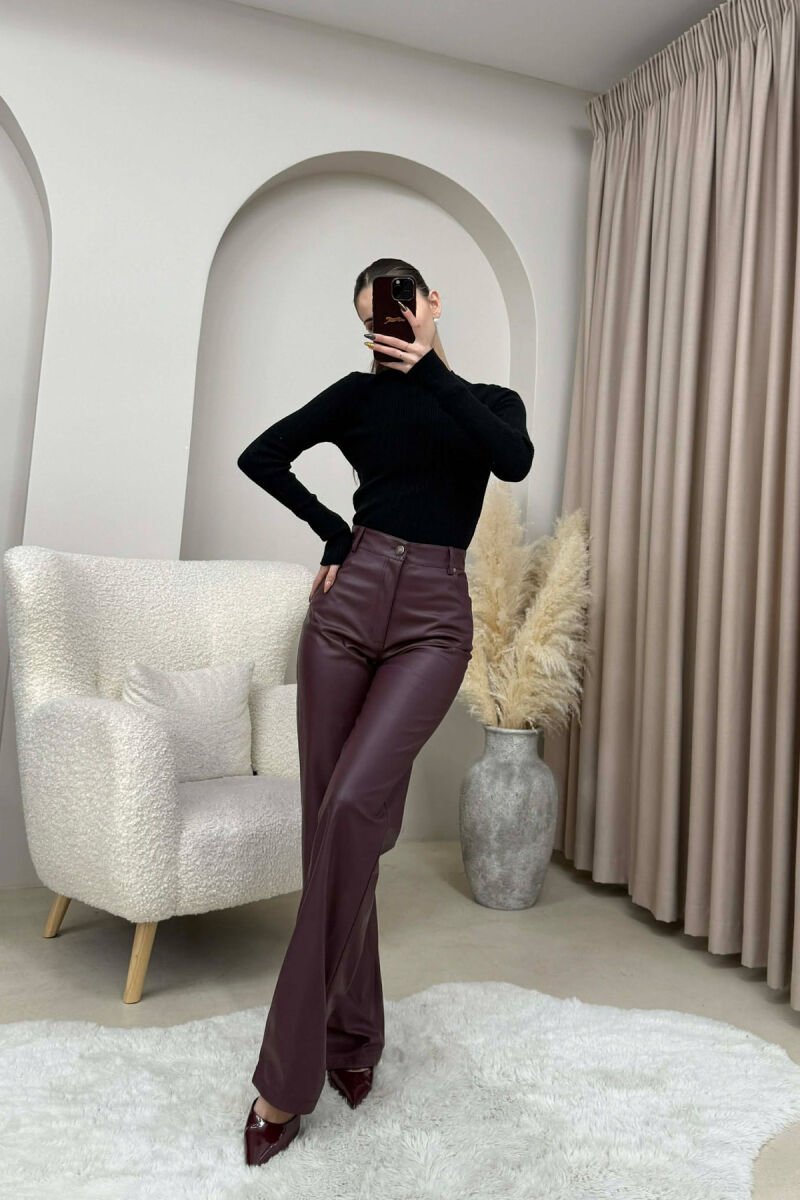 ONE COLOR LEATHER WOMEN TROUSERS DARK BURGUNDY/VISHNJE E ERRET - 5