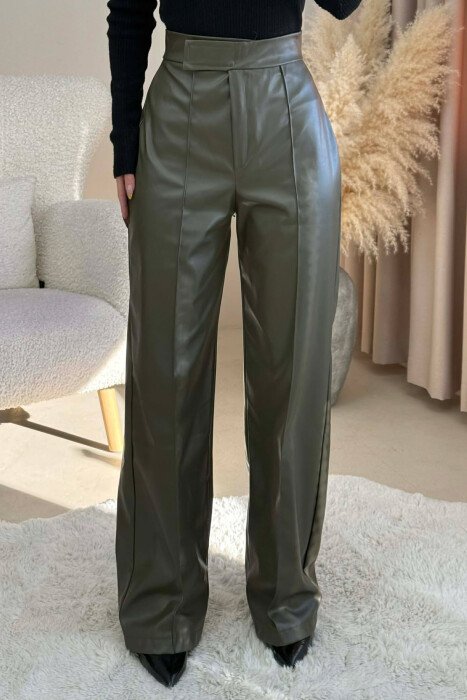 ONE COLOR LEATHER WOMEN TROUSERS OLIVE/ULLI 