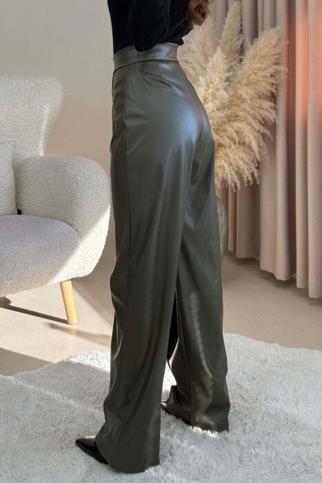 ONE COLOR LEATHER WOMEN TROUSERS OLIVE/ULLI - 4