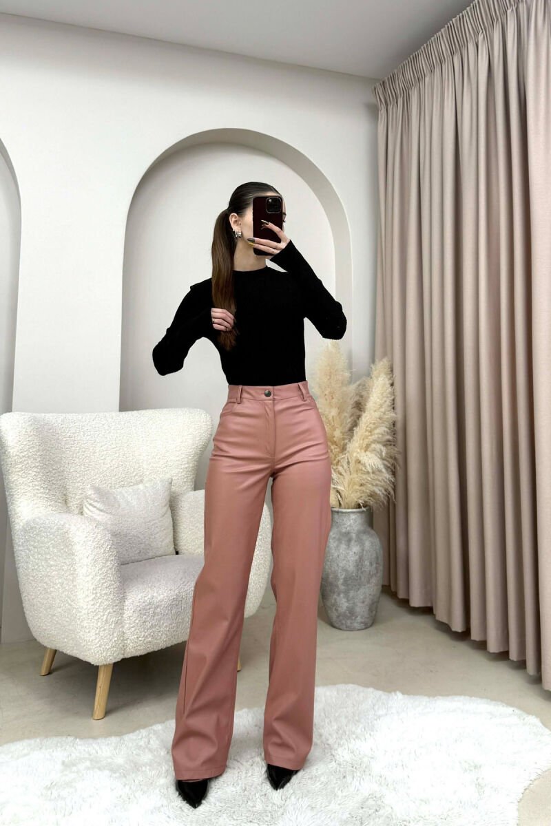 ONE COLOR LEATHER WOMEN TROUSERS POWDER/PUDER - 2