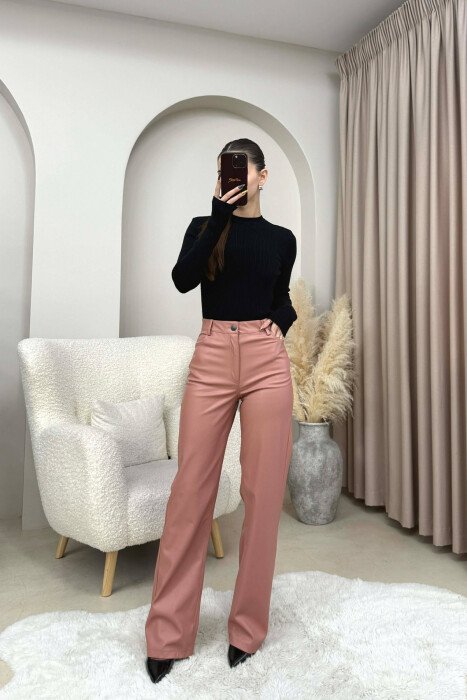 ONE COLOR LEATHER WOMEN TROUSERS POWDER/PUDER - 3