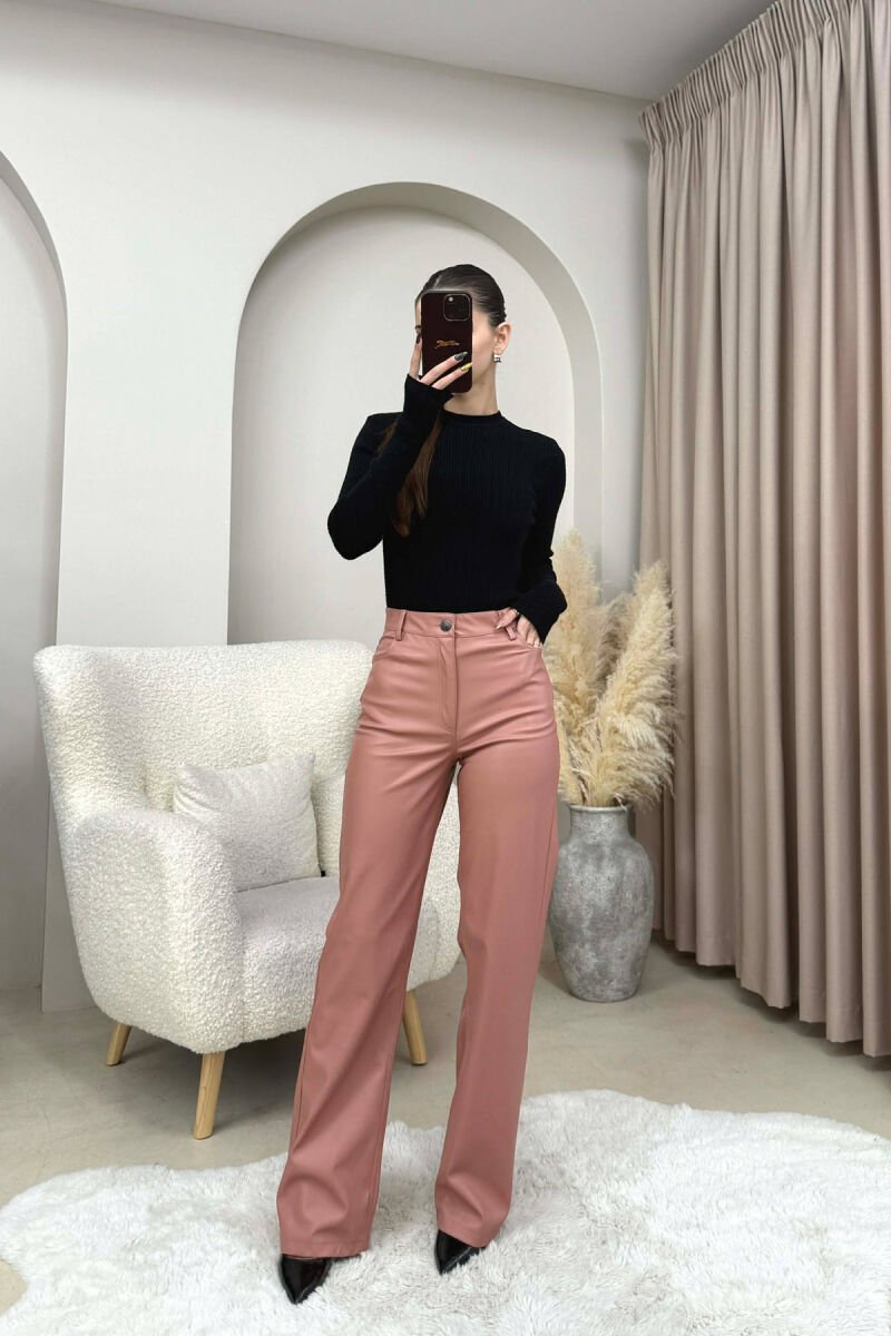 ONE COLOR LEATHER WOMEN TROUSERS POWDER/PUDER - 3