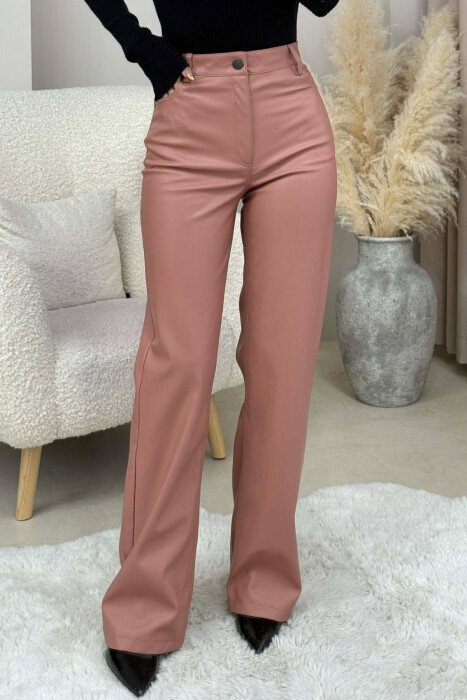 ONE COLOR LEATHER WOMEN TROUSERS POWDER/PUDER - 1