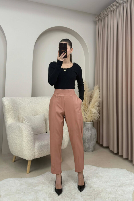 ONE COLOR LEATHER WOMEN TROUSERS POWDER/PUDER - 3