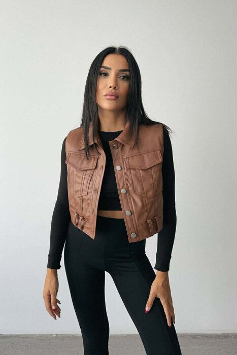 ONE COLOR LEATHER WOMEN VEST BROWN/KAFE - 2