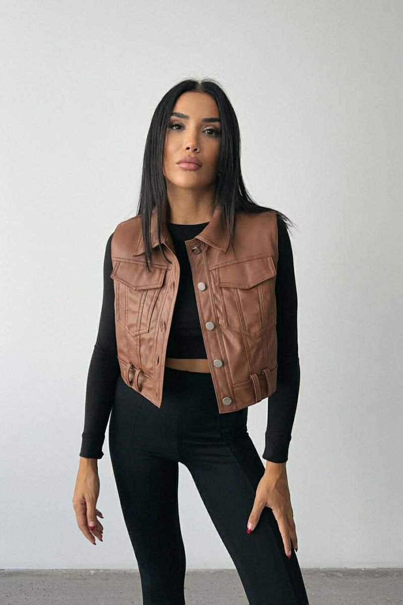 ONE COLOR LEATHER WOMEN VEST BROWN/KAFE - 2