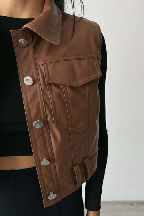 ONE COLOR LEATHER WOMEN VEST BROWN/KAFE - 3