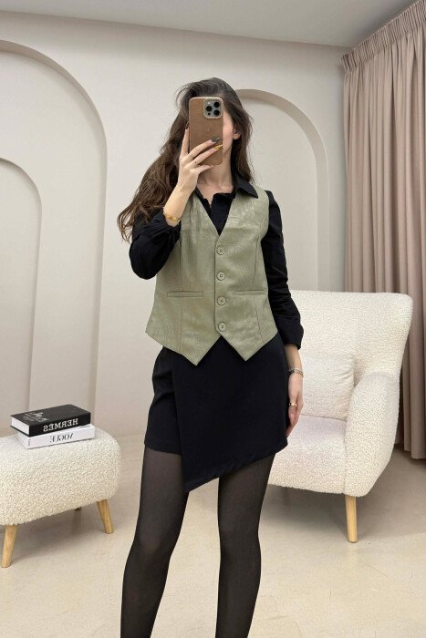 ONE COLOR LEATHER WOMEN VEST OLIVE/ULLI - KLAUDIO FASHION
