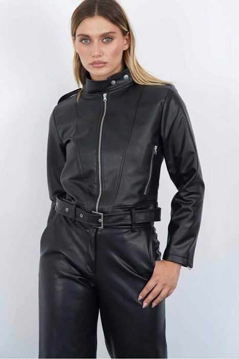 ONE COLOR LEATHER ZIPPER BELT DETAIL WOMAN JACKET BLACK/ E ZEZE - 1