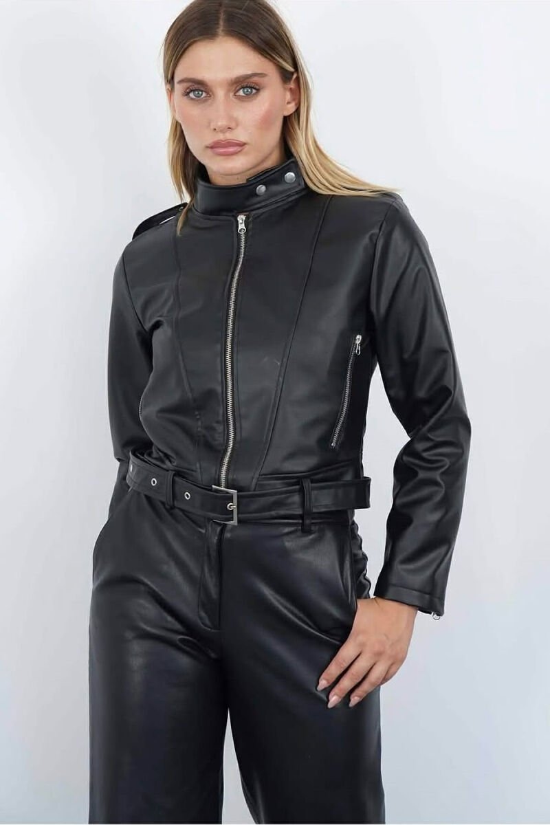 ONE COLOR LEATHER ZIPPER BELT DETAIL WOMAN JACKET BLACK/ E ZEZE - 1