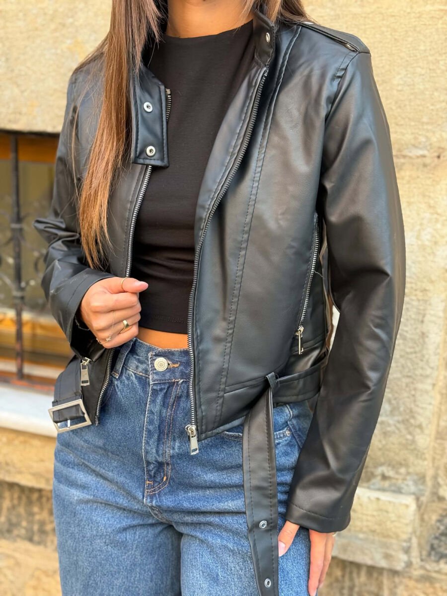 ONE COLOR LEATHER ZIPPER BELT DETAIL WOMAN JACKET BLACK/ E ZEZE - 2