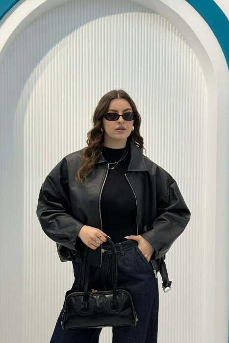 ONE COLOR LEATHER ZIPPER WOMAN BAG BLACK/ E ZEZE - 7