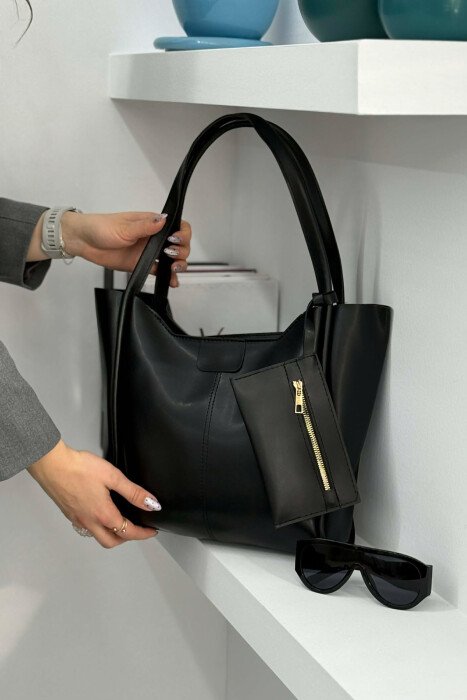 ONE COLOR LEATHER ZIPPER WOMEN BAG BLACK/ E ZEZE - KLAUDIO FASHION