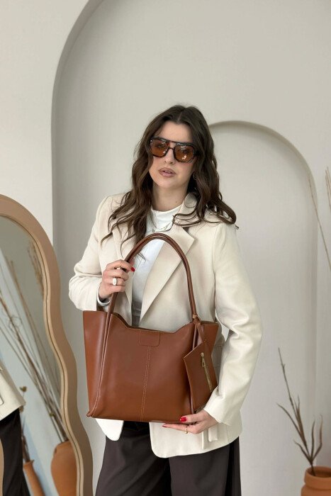 ONE COLOR LEATHER ZIPPER WOMEN BAG BROWN/KAFE - 1