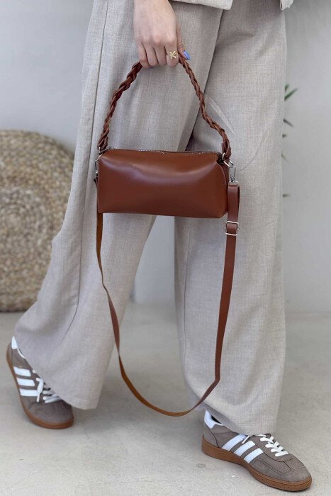 ONE COLOR LEATHER ZIPPER WOMEN BAG BROWN/KAFE - 3