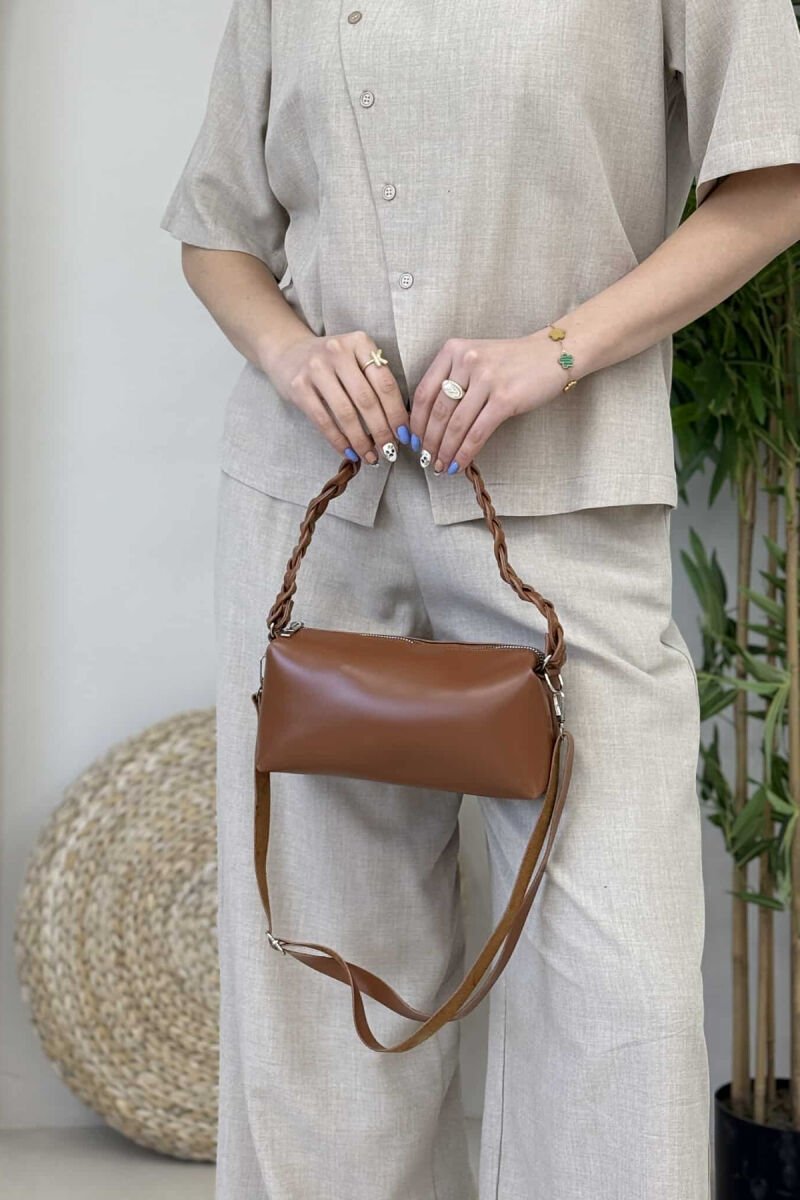 ONE COLOR LEATHER ZIPPER WOMEN BAG BROWN/KAFE - 4