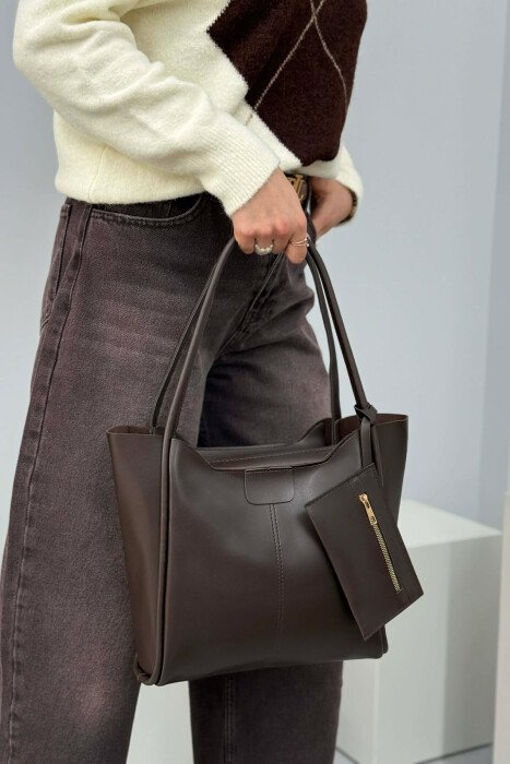 ONE COLOR LEATHER ZIPPER WOMEN BAG DARK BROWN/KAE - 1