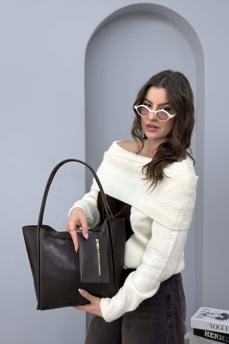 ONE COLOR LEATHER ZIPPER WOMEN BAG DARK BROWN/KAE - 3