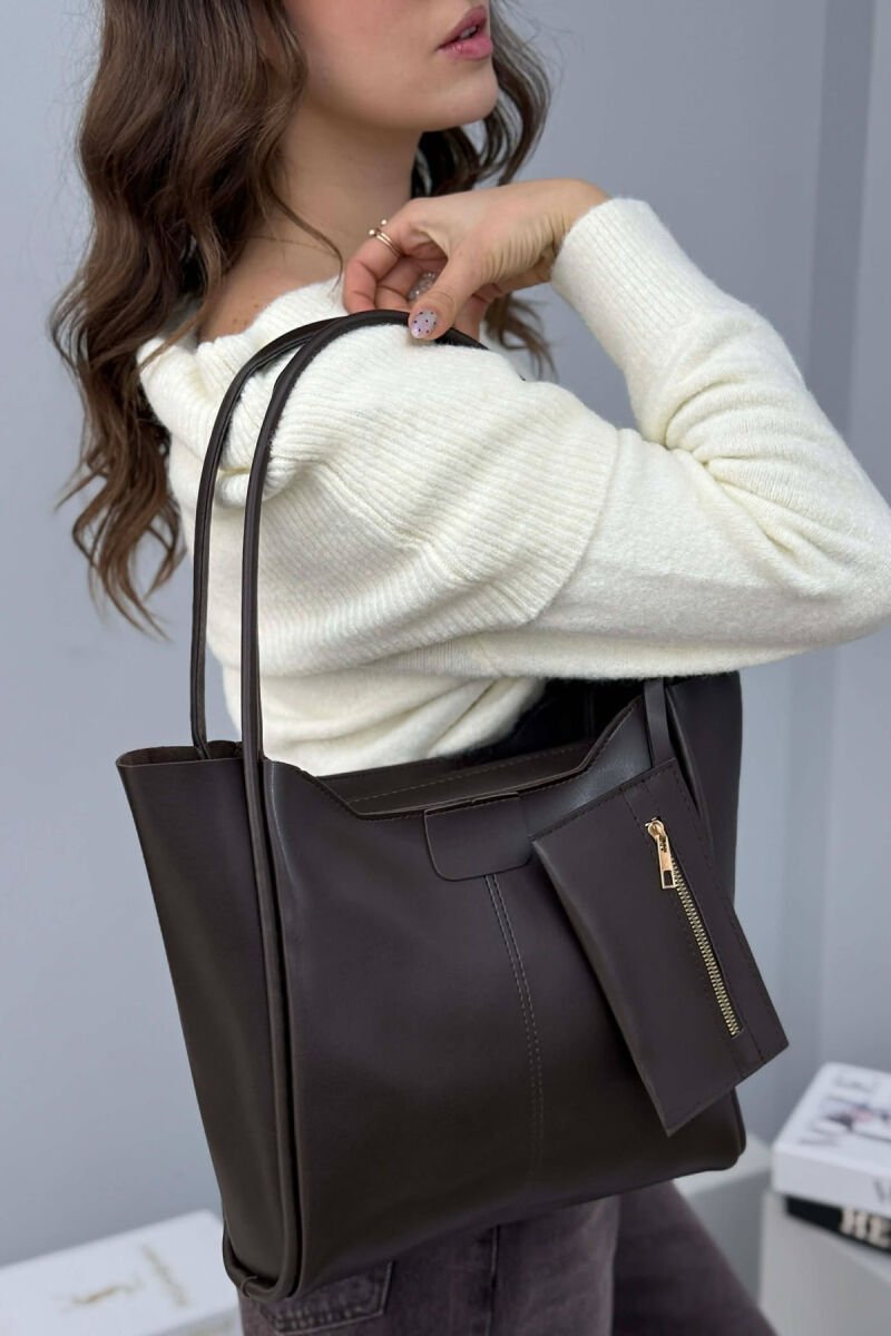 ONE COLOR LEATHER ZIPPER WOMEN BAG DARK BROWN/KAE - 4