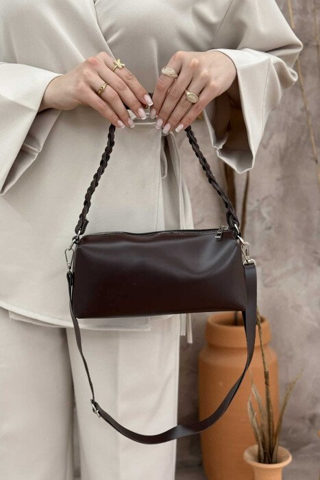 ONE COLOR LEATHER ZIPPER WOMEN BAG DARK BROWN/KAE - 1
