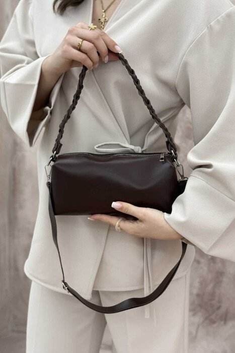 ONE COLOR LEATHER ZIPPER WOMEN BAG DARK BROWN/KAE - 3