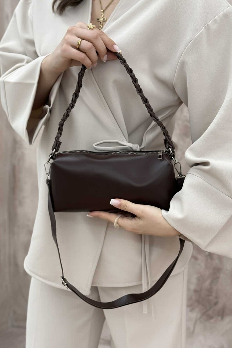 ONE COLOR LEATHER ZIPPER WOMEN BAG DARK BROWN/KAE - 3