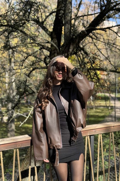 ONE COLOR LEATHER ZIPPER WOMEN JACEKT BROWN/KAFE - 2