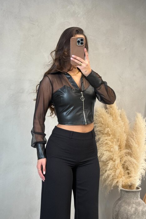 ONE COLOR LEATHER WOMAN ZIPPER JACKET BLACK/ E ZEZE - 1