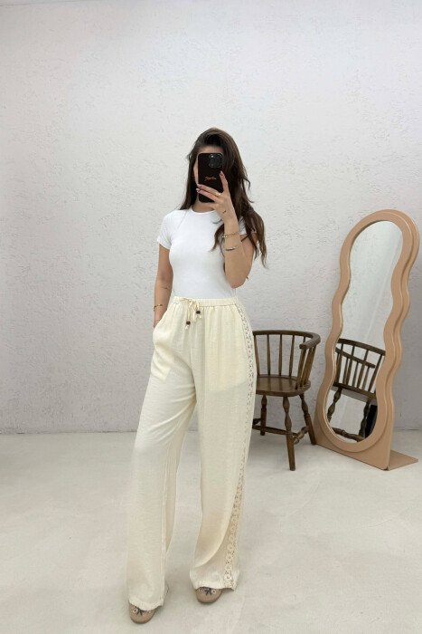 ONE COLOR LINEN WOMAN TROUSERS CREAM/KREM - 2