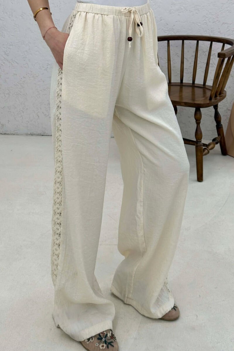 ONE COLOR LINEN WOMAN TROUSERS CREAM/KREM - 4
