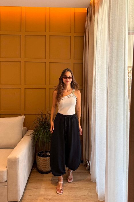 ONE COLOR LINEN BLEND BALLON WOMAN TROUSERS BLACK/ E ZEZE - KLAUDIO FASHION