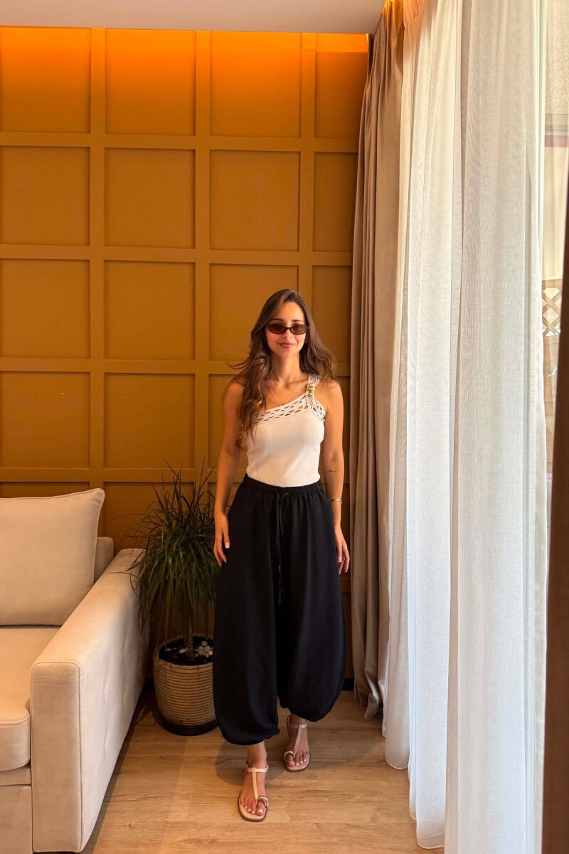 ONE COLOR LINEN BLEND BALLON WOMAN TROUSERS BLACK/ E ZEZE - 1