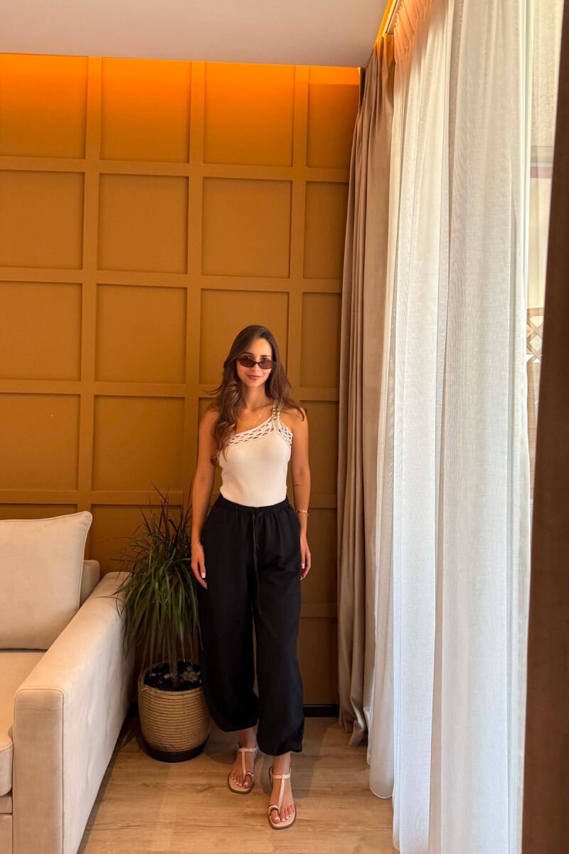 ONE COLOR LINEN BLEND BALLON WOMAN TROUSERS BLACK/ E ZEZE - 3