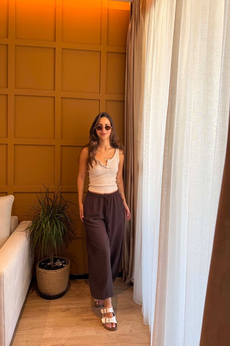 ONE COLOR LINEN BLEND BALLON WOMAN TROUSERS BROWN/KAFE - 1