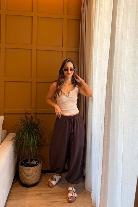 ONE COLOR LINEN BLEND BALLON WOMAN TROUSERS BROWN/KAFE - 2