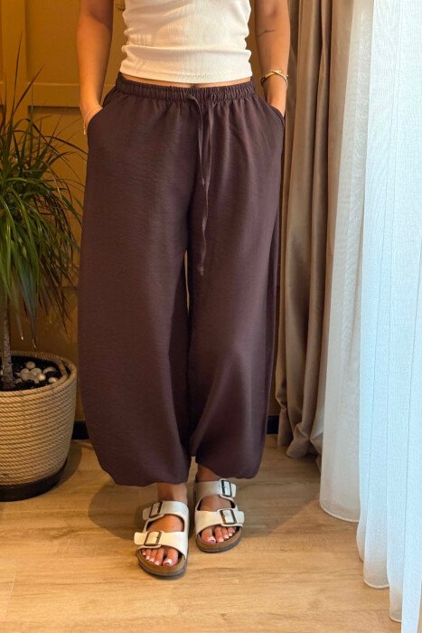 ONE COLOR LINEN BLEND BALLON WOMAN TROUSERS BROWN/KAFE - 4