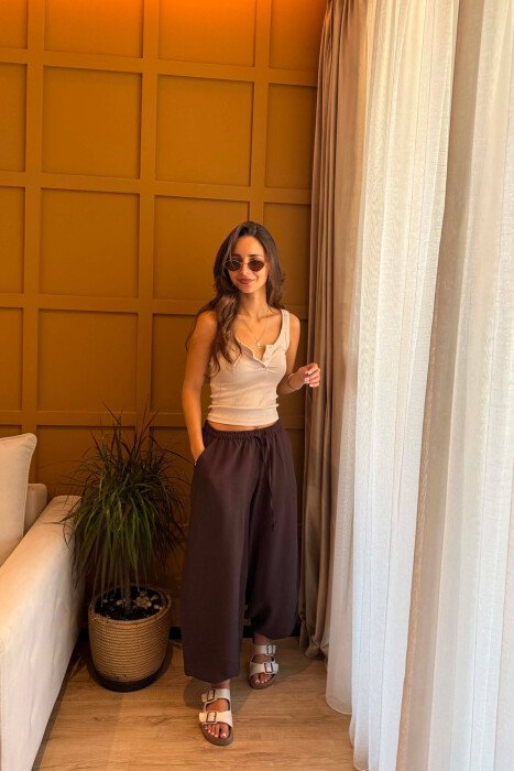 ONE COLOR LINEN BLEND BALLON WOMAN TROUSERS BROWN/KAFE - 6