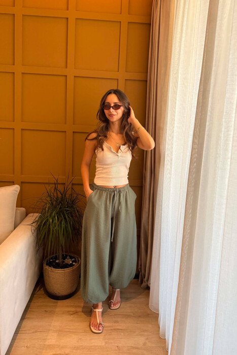 ONE COLOR LINEN BLEND BALLON WOMAN TROUSERS GREEN/JESHILE - 2