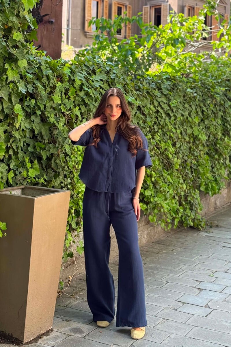 ONE COLOR LINEN BLEND SHIRT + TROUSERS WOMAN SET BLUE/BLU - 1
