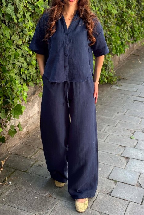 ONE COLOR LINEN BLEND SHIRT + TROUSERS WOMAN SET BLUE/BLU - 3