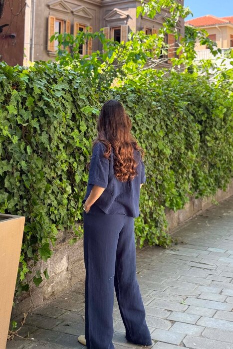 ONE COLOR LINEN BLEND SHIRT + TROUSERS WOMAN SET BLUE/BLU - 4