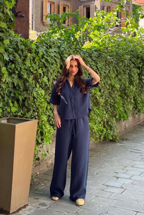 ONE COLOR LINEN BLEND SHIRT + TROUSERS WOMAN SET BLUE/BLU - 6
