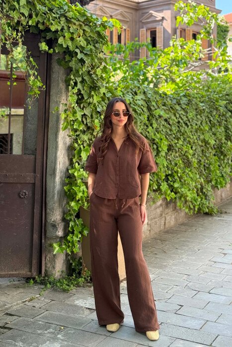 ONE COLOR LINEN BLEND SHIRT + TROUSERS WOMAN SET BROWN/KAFE - 1