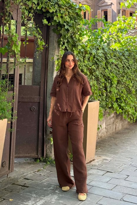 ONE COLOR LINEN BLEND SHIRT + TROUSERS WOMAN SET BROWN/KAFE - 2
