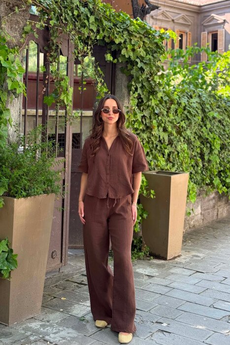 ONE COLOR LINEN BLEND SHIRT + TROUSERS WOMAN SET BROWN/KAFE - 3