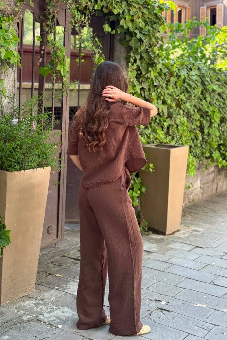 ONE COLOR LINEN BLEND SHIRT + TROUSERS WOMAN SET BROWN/KAFE - 4