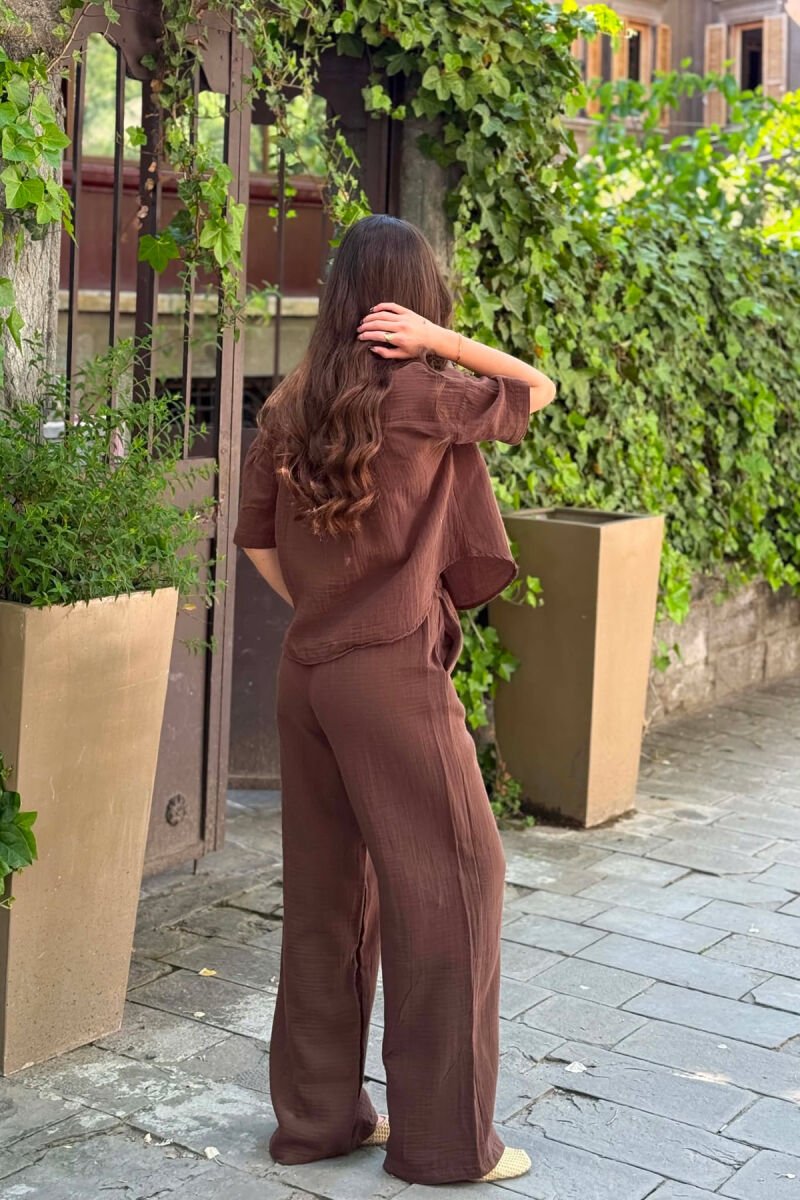 ONE COLOR LINEN BLEND SHIRT + TROUSERS WOMAN SET BROWN/KAFE - 4