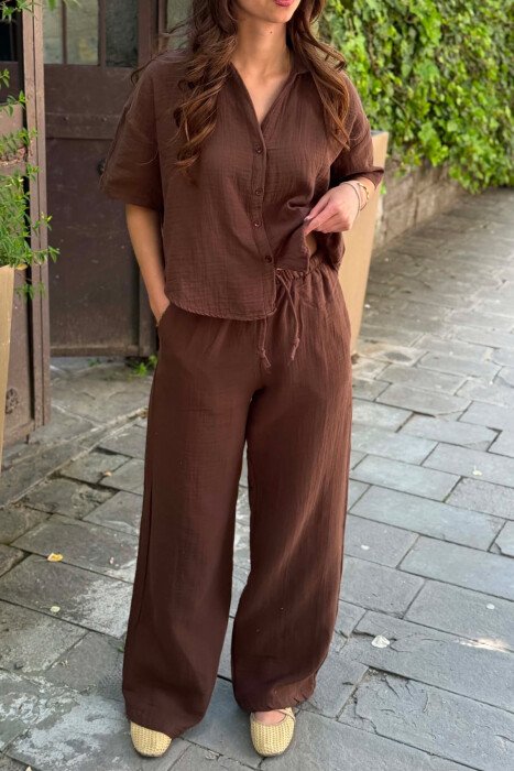 ONE COLOR LINEN BLEND SHIRT + TROUSERS WOMAN SET BROWN/KAFE - 5