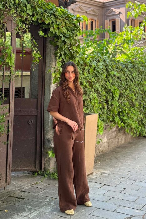 ONE COLOR LINEN BLEND SHIRT + TROUSERS WOMAN SET BROWN/KAFE - 6